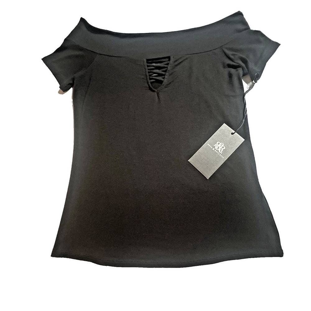 Rock & Republic‎ Women's Off Shoulder Peekaboo Keyhole Black Top Size XS NWT